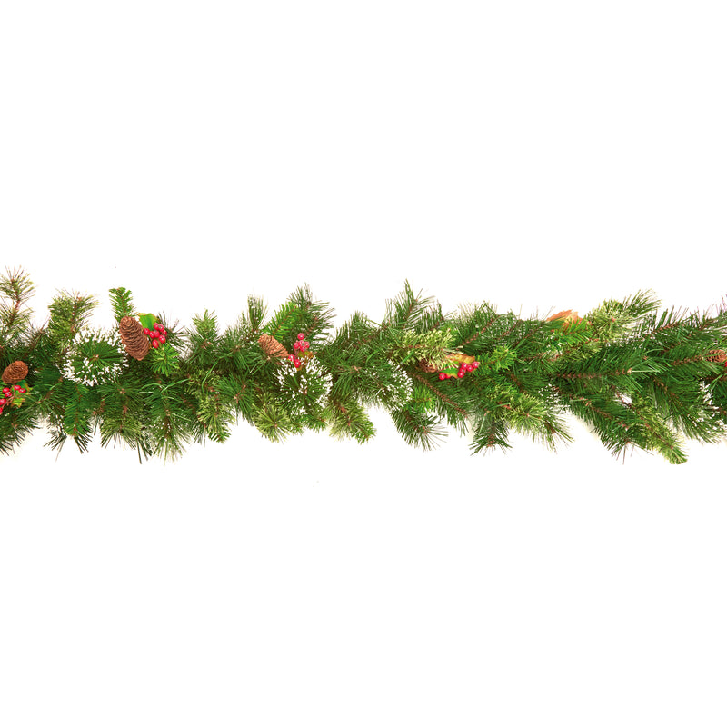 9 Foot Wintry Pine Garland With Cones and Red Berries