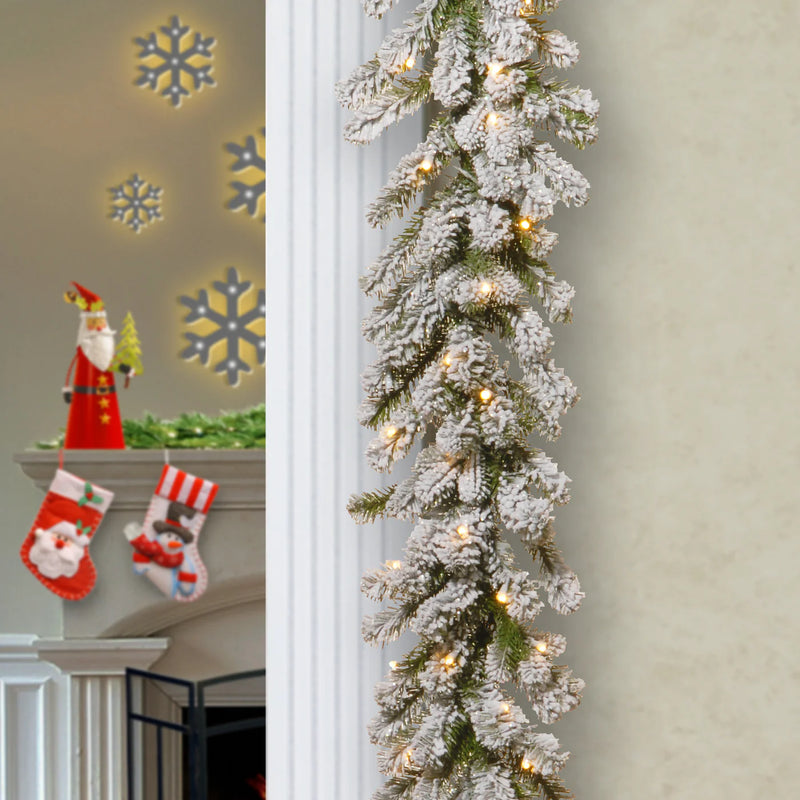 9 Foot Snowy Sheffield Spruce Garland  With 70 Warm White LED Lights | Battery Operated