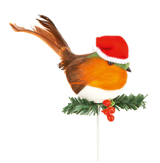 Christmas Decoration Woodland Robin on Pick with Santa Hat 10cm