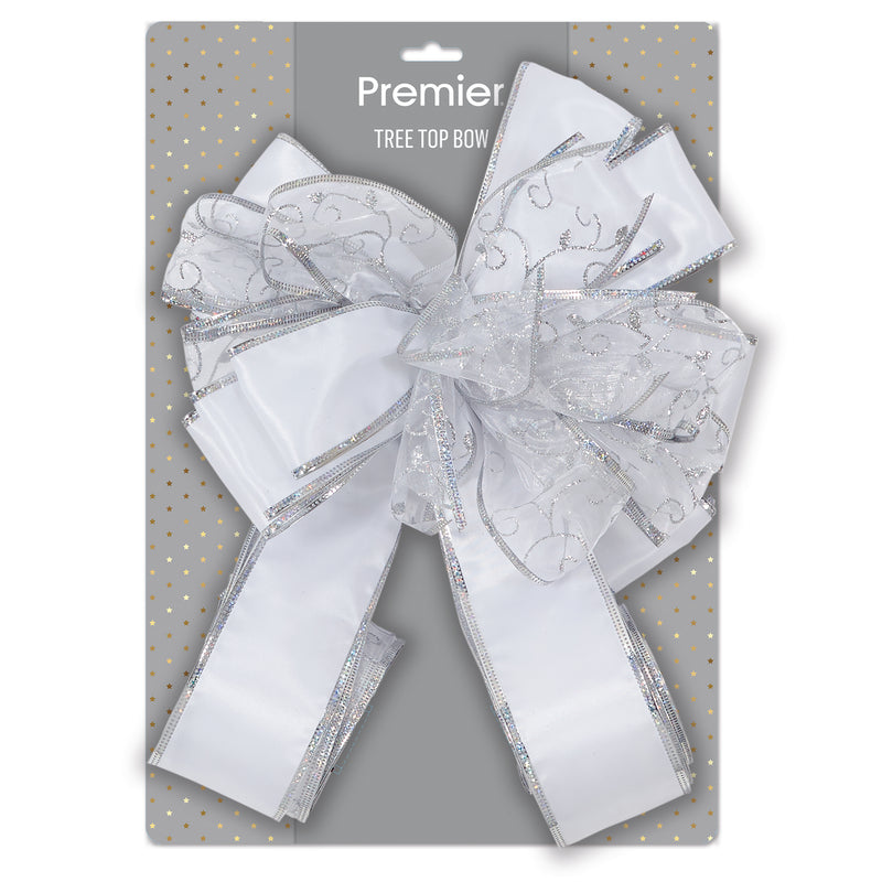 Christmas Tree Topper Bow Silver & White Ribbon 1.2m