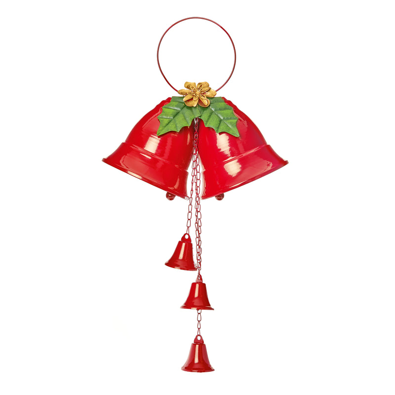 Christmas Hanging Decoration Red Twin Bells With Holly 80cm