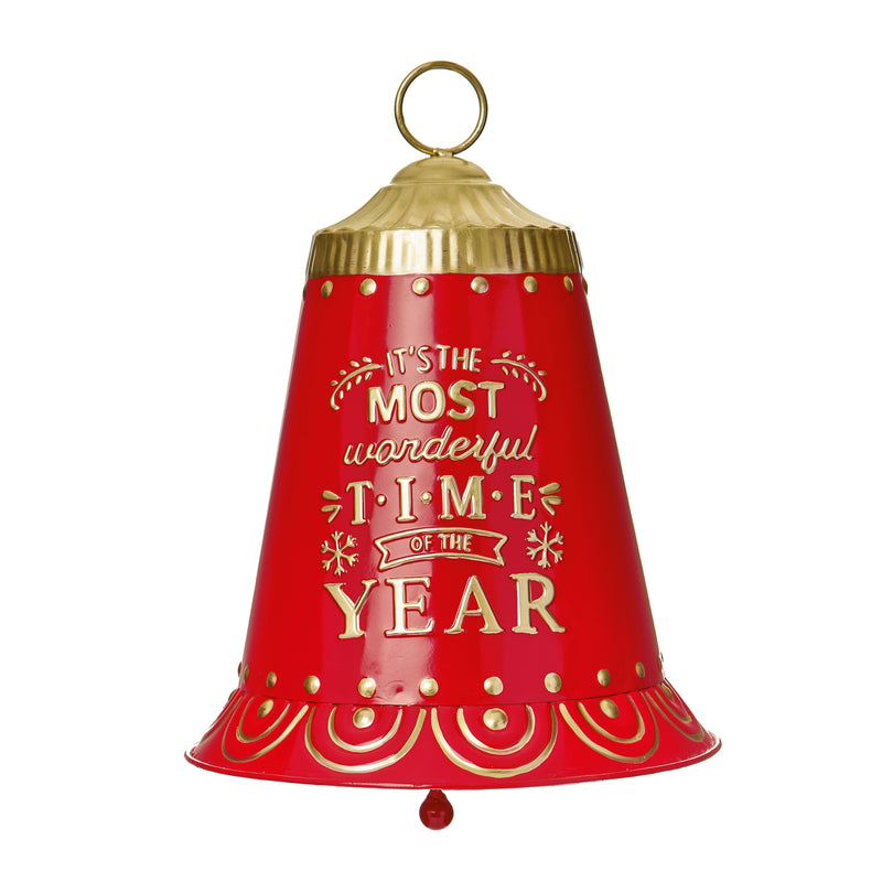 Christmas Hanging Decoration Red Bell With Inscription 'Its The Most Wonderful Time Of The Year' 31cm