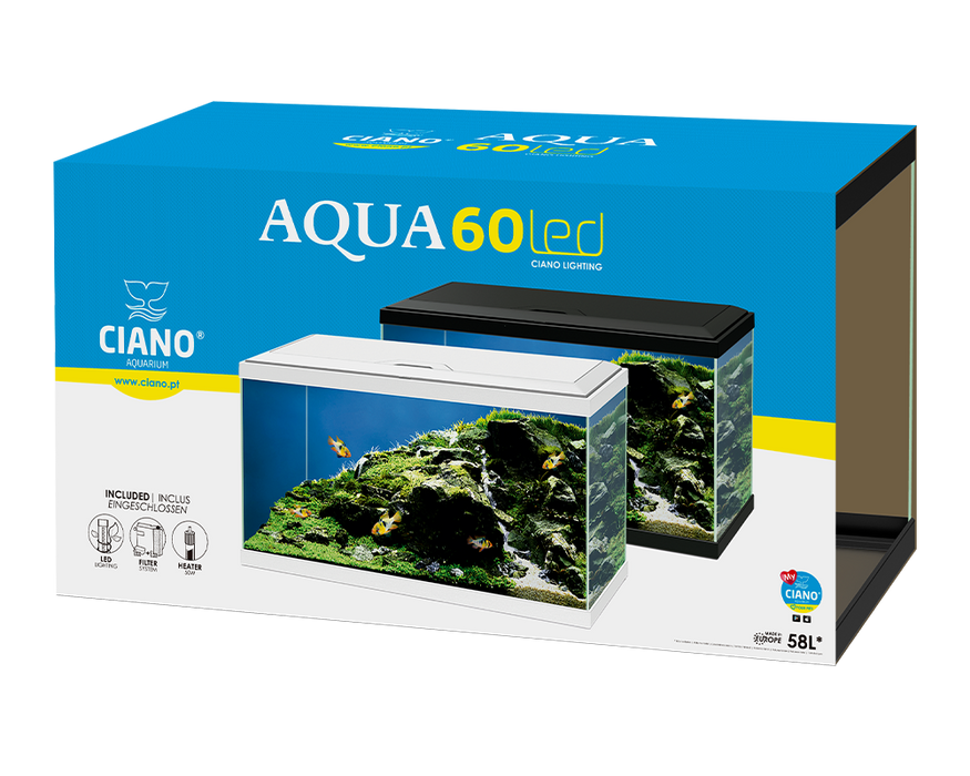 Ciano Aquarium Aqua 60 Lights & White Lid 60cm x 30cm x 33.5cm With CFBIO 58 Litre 150 Filter