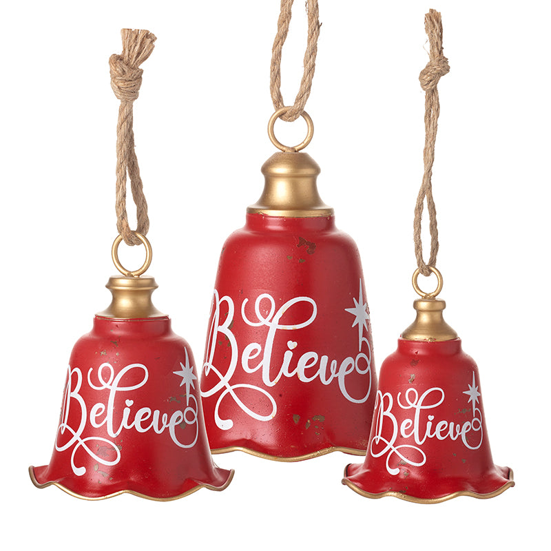 Set of 3 red metal Believe Christmas bells – Heaven Sends