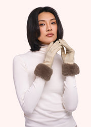 Bettina Faux Suede & Faux Fur Gloves - Cream by Powder worn by a model