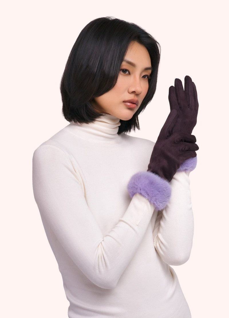 Bettina Faux Suede & Faux Fur Gloves - Damson by Powder worn by a model