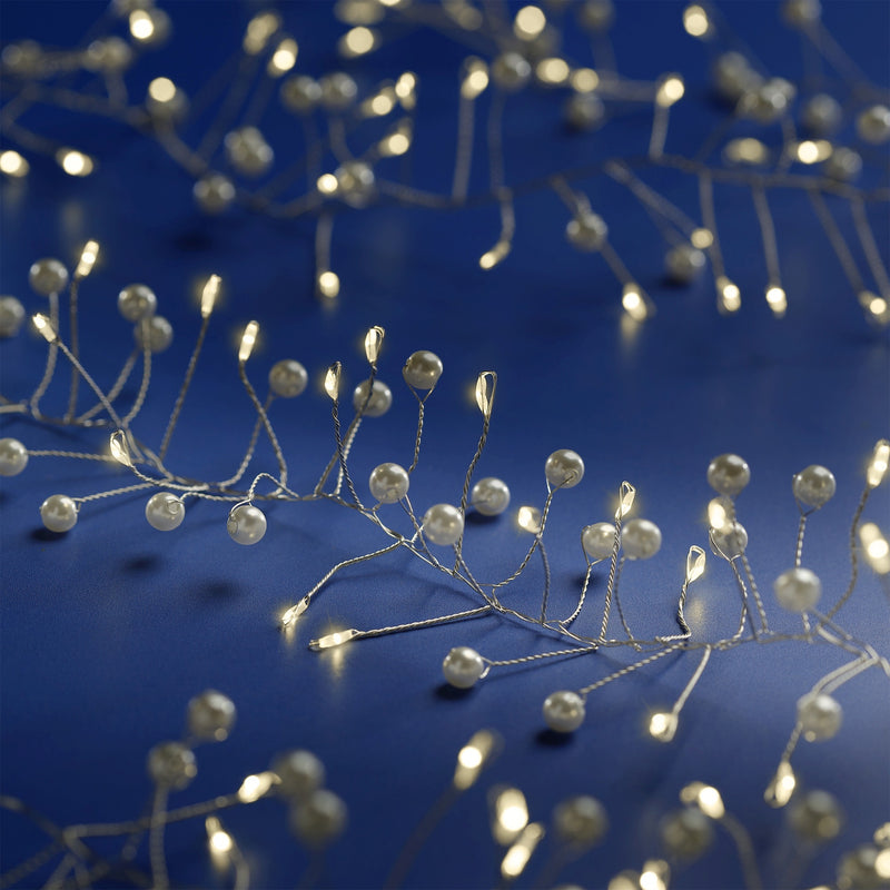 Battery Operated 100 Micro Lights Cluster Beads-Pearls Warm White With Silver Cable 120cm
