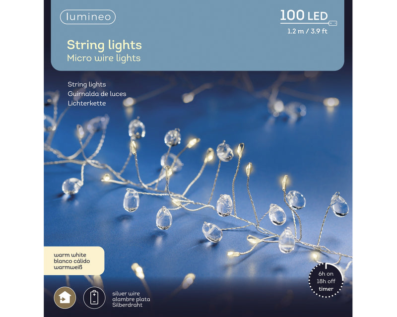 Battery Operated 100 Micro Lights Cluster Beads-Pearls Warm White With Silver Cable 120cm