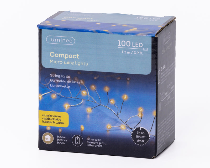 Battery Operated 100 Micro Lights Compact Classic Warm White With Silver Cable 120cm