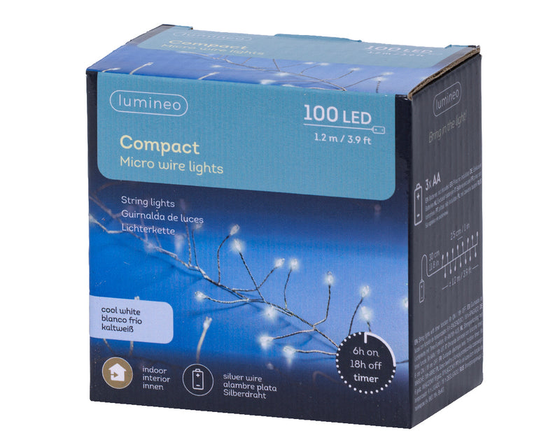 Battery Operated 100 Micro Lights Compact Steady Warm White Silver Cable 1.20m