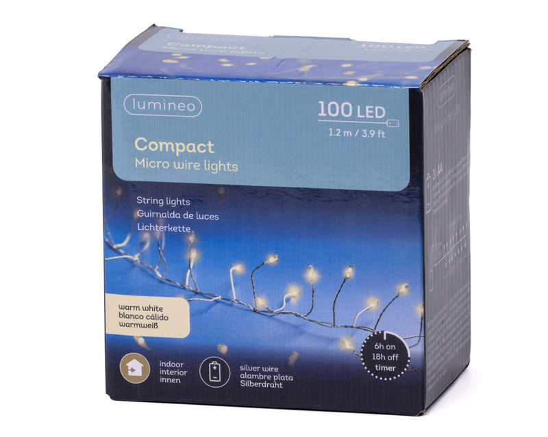 Battery Operated 100 Micro Lights Compact Warm White With Silver Cable 120cm