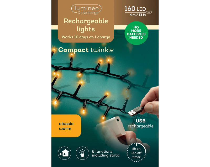 Battery Operated Duracharge Compact 160 LED Twinkle Classic Warm Lights 4m USB Rechargable