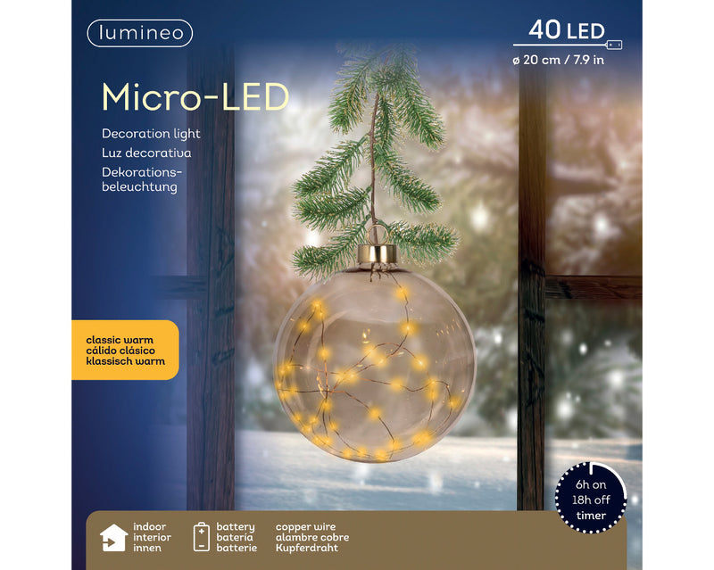 Battery Operated Micro LED Hanging Decoration Light - Ball Shape Classic White 20cm