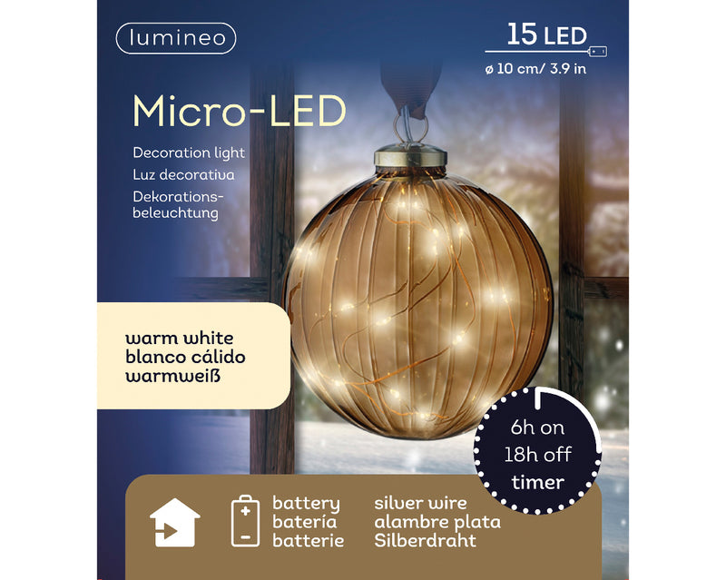 Battery Operated Micro LED Hanging Decoration Light With Brown Ribbon - Brown Ball Shape Warm White Lights 10cm