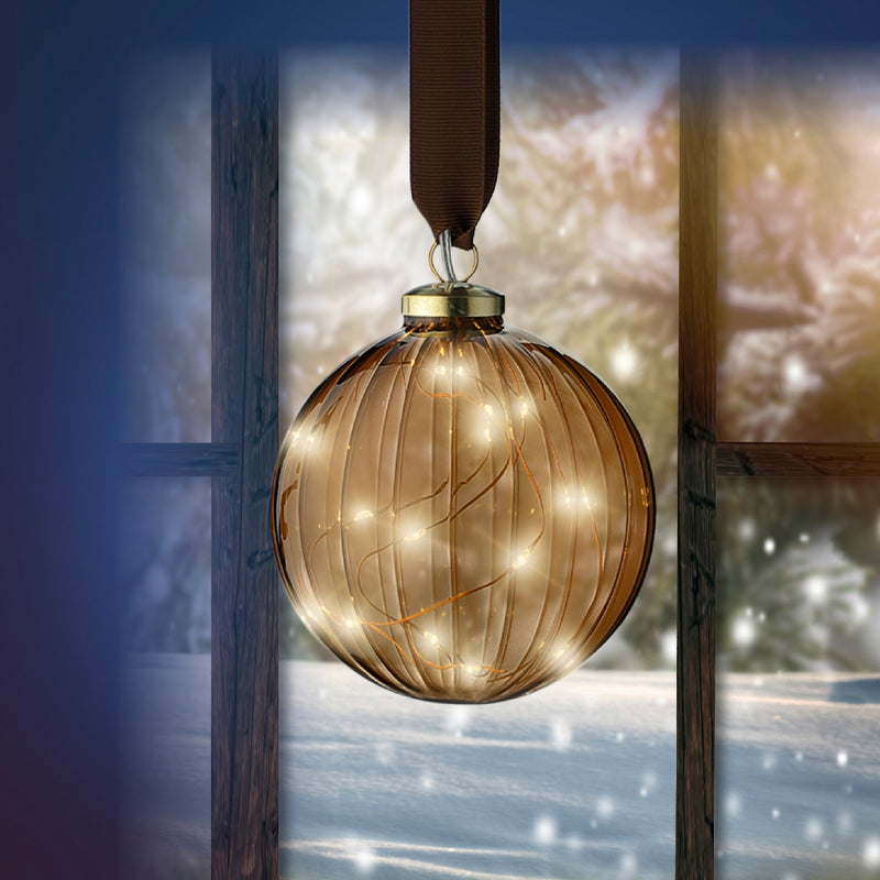 Battery Operated Micro LED Hanging Decoration Light With Brown Ribbon - Brown Ball Shape Warm White Lights 10cm