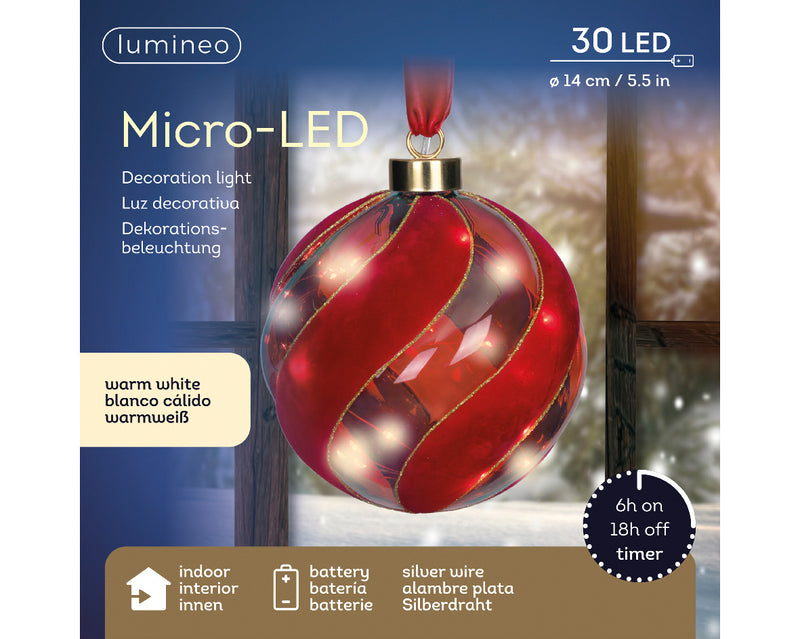 Battery Operated Micro LED Hanging Decoration Light With Red Ribbon - Red Ball Shape Warm White 14cm