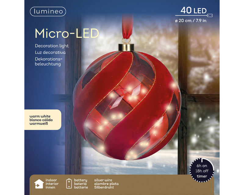 Battery Operated Micro LED Hanging Decoration Light With Red Ribbon - Red Ball Shape Warm White 20cm