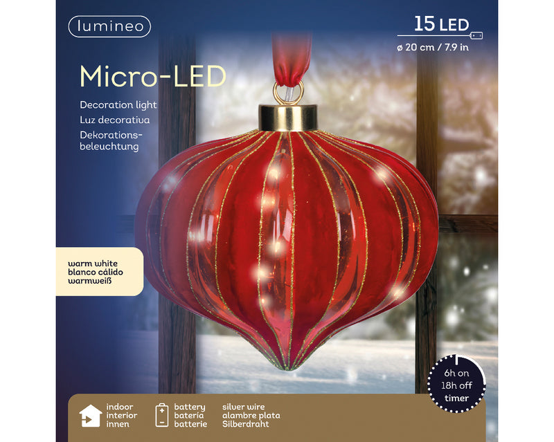 Battery Operated Micro LED Hanging Decoration Light With Red Ribbon - Red Onion Shape Warm White 20cm