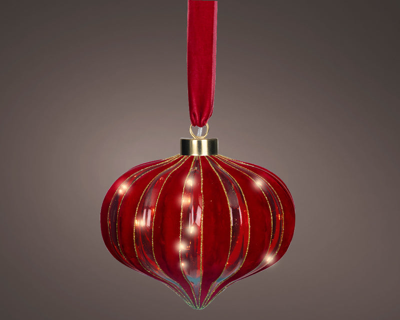 Battery Operated Micro LED Hanging Decoration Light With Red Ribbon - Red Onion Shape Warm White 20cm