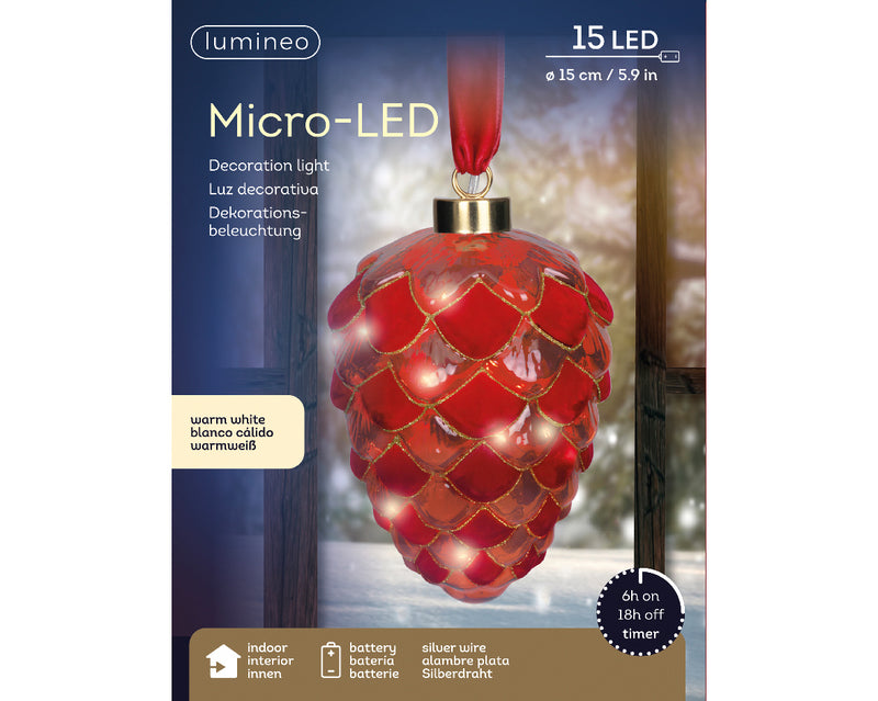Battery Operated Micro LED Hanging Decoration Light With Red Ribbon - Red Pinecone Shape Warm White 21cm