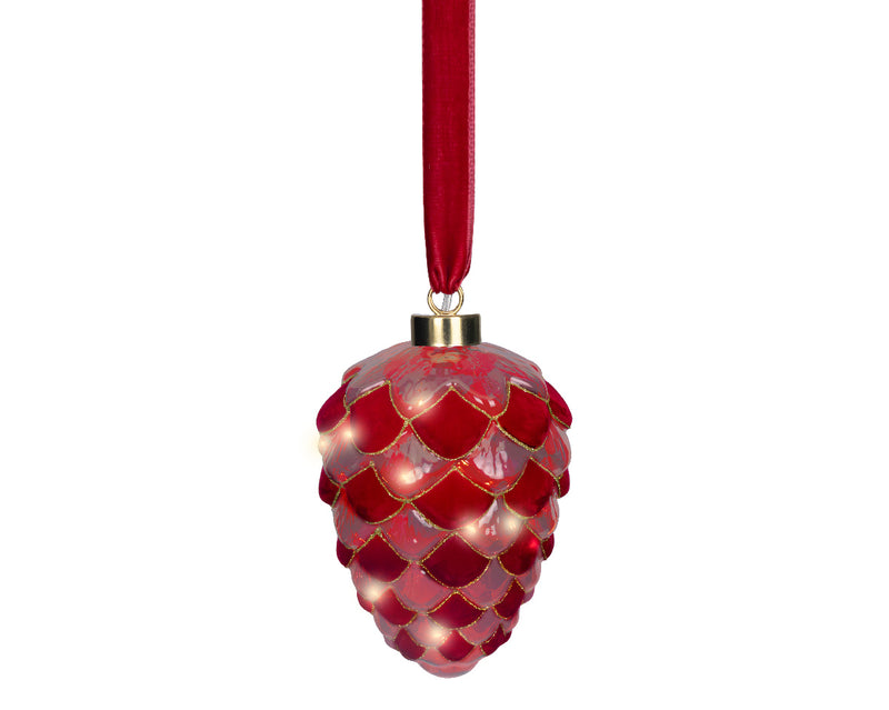 Battery Operated Micro LED Hanging Decoration Light With Red Ribbon - Red Pinecone Shape Warm White 21cm