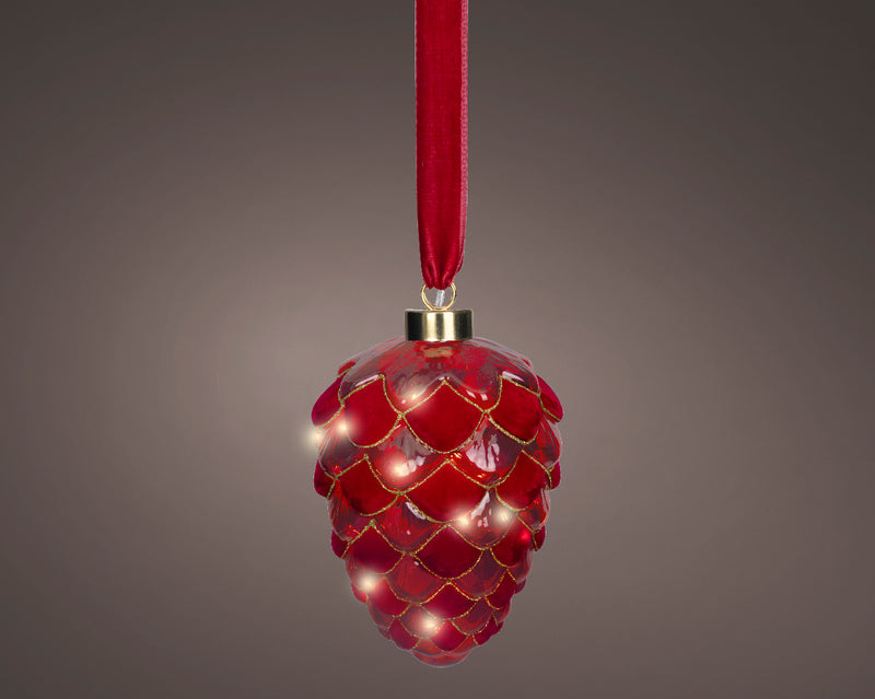 Battery Operated Micro LED Hanging Decoration Light With Red Ribbon - Red Pinecone Shape Warm White 21cm