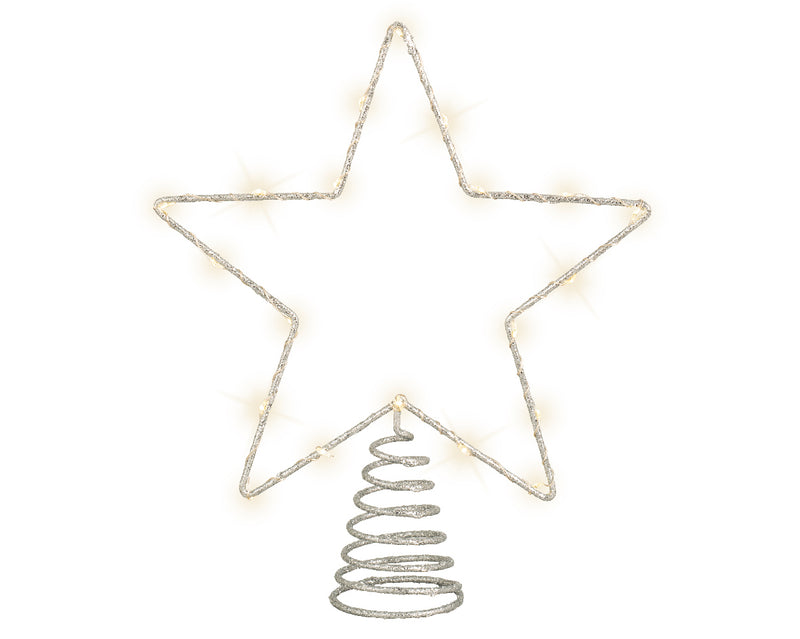 Battery Operated Micro LED Tree Topper Silver Star With Warm White Lights 22 x 5 x 27cm