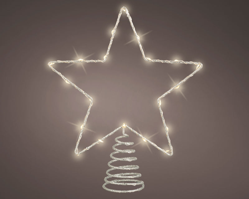 Battery Operated Micro LED Tree Topper Silver Star With Warm White Lights 22 x 5 x 27cm