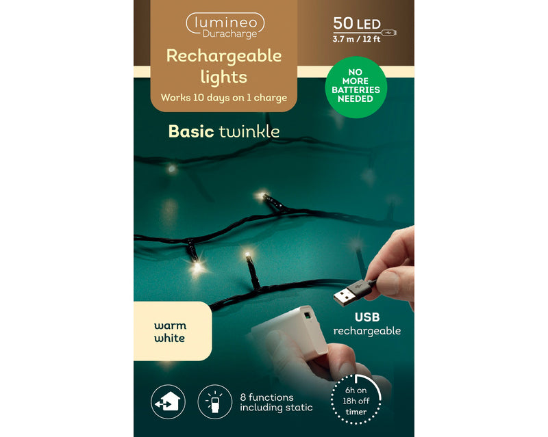Battery Operated Duracharge 50 LED Twinkle Warm White Lights 3.7m USB Rechargable