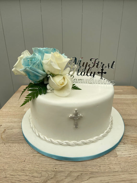 Blue & White Floral First Communion Cake