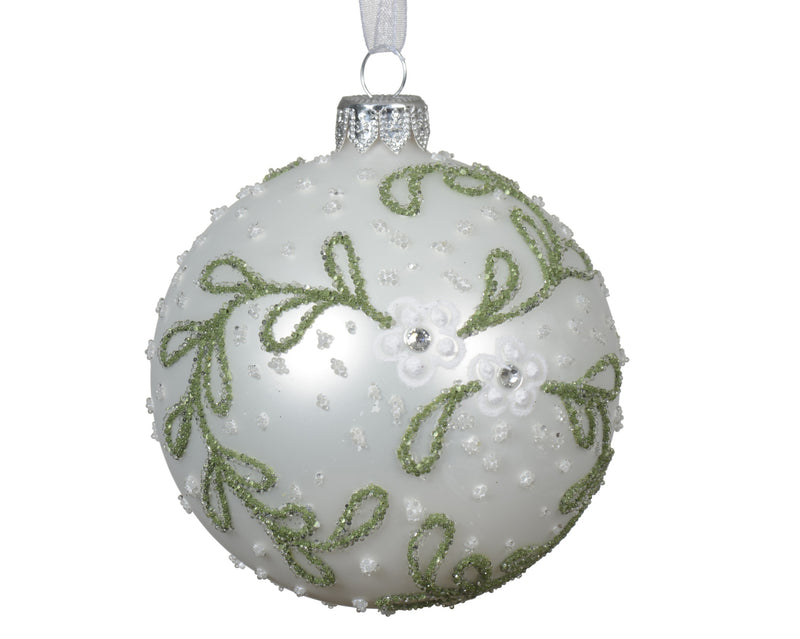 Christmas Bauble Glass Floral Pattern with White Ribbon Winter White 8cm