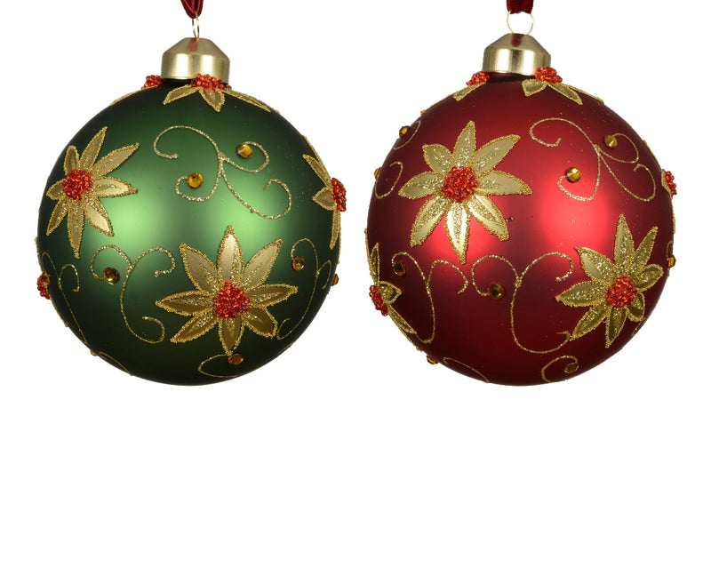 Christmas Bauble Glass Floral pattern With Sequins (10cm) Sold individually