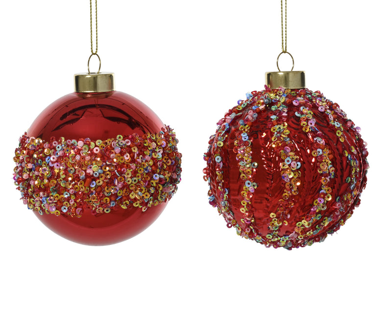 Christmas Bauble Glass Shiny Red With Glitter & Beads 8cm (Sold individually)