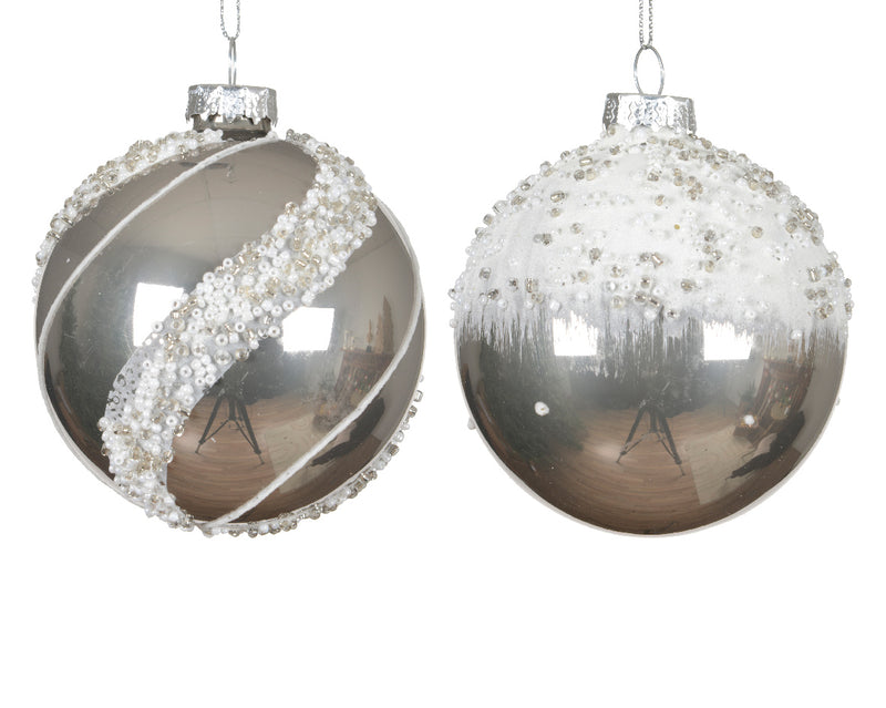 Christmas Bauble Glass Silver Grey With White Beads (8cm) Sold individually