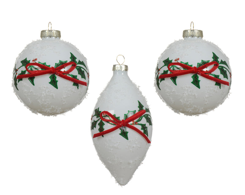 Christmas Bauble Glass White With Holly Pattern & Red Ribbon Bow (8cm) Sold Individually