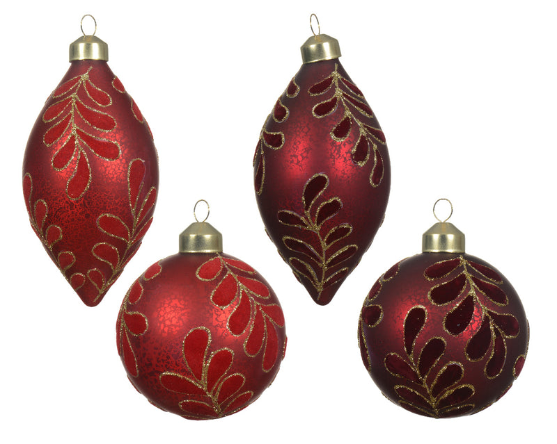 Christmas Bauble Red or Oxblood Red Glass With Leaf Pattern (8cm) Sold Individually