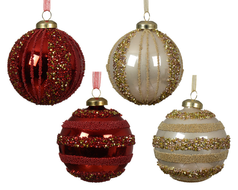 Christmas Bauble Red or Gold Glass With Shiny Beads and Spangles (8cm) Sold Individually