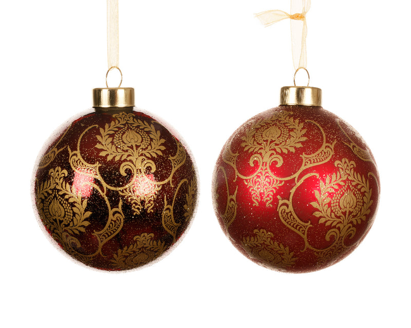 Christmas Bauble Red or Oxblood Red Glass With Floral Pattern (8cm) Sold individually