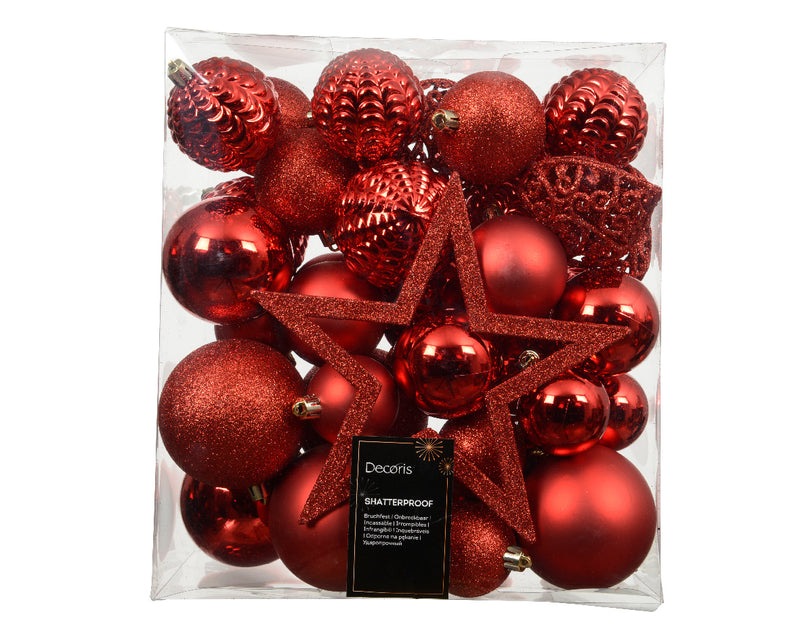 Christmas Bauble Shatterproof Pack of 43 Mix Shiny Glitter Red With Star Tree Topper (6cm)