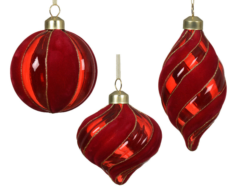Christmas Bauble or Olive or Onion Shape Red Glass Flocked With Stripes (8cm) Sold individually