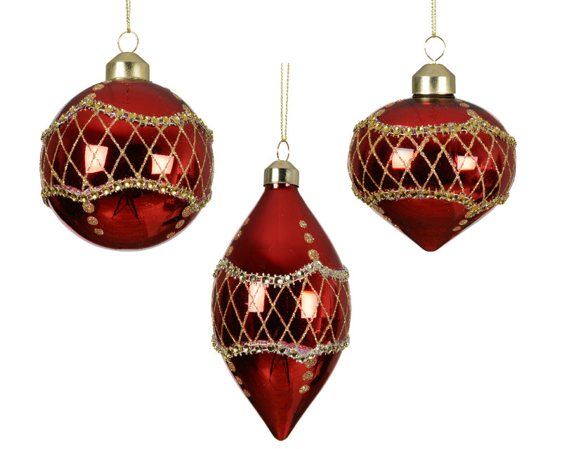 Christmas Baubles Glass With Gold Beads In Olive, Onion or Bauble shape (8cm) Sold Individually