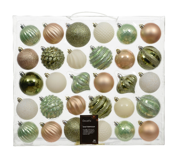 Christmas Baubles Pack of 30 Mix Shiny, Matt & Glitter Finish (7cm)