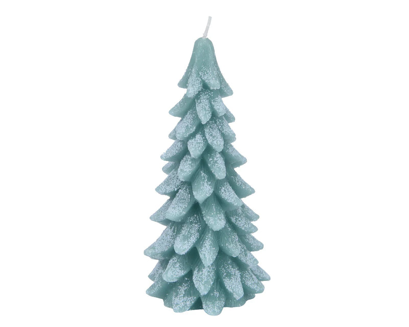 Christmas Candle Tree Shaped Green With Snow & Glitter (8cm x 16.5cm)