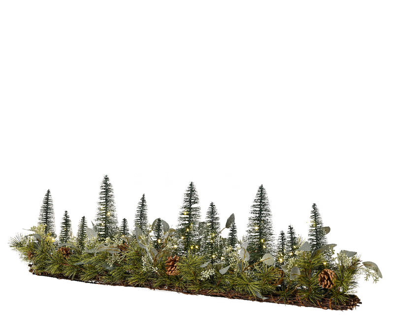 Christmas Forest Table-Piece Pine cones Eucalyptus leaves & White Star Flowers With 60 LED Warm White Lights 120cm x 31cm (Battery Operated)