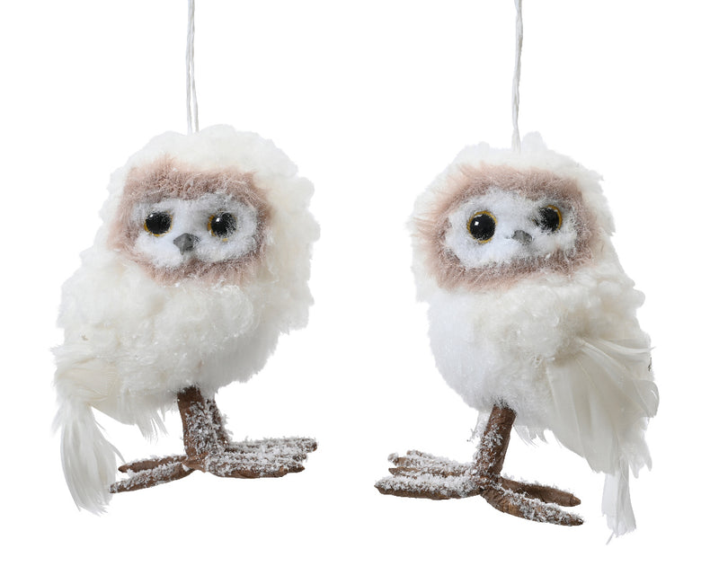Christmas Hanging Decoration Cream Owl Fur With Glitter (9cm x 13cm) Sold individually