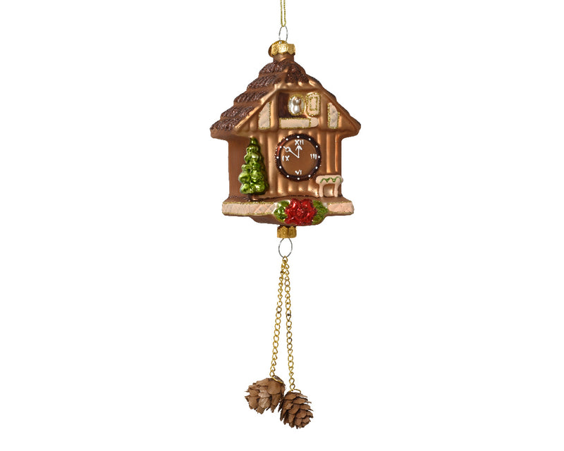 Christmas Hanging Decoration Cuckoo Clock Glass with Chain &  Pine Cone (7cm x 24cm)