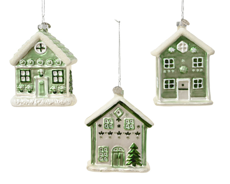 Christmas Hanging Decoration House Glass Macha Green (7.8cm x 10cm) Sold Individually