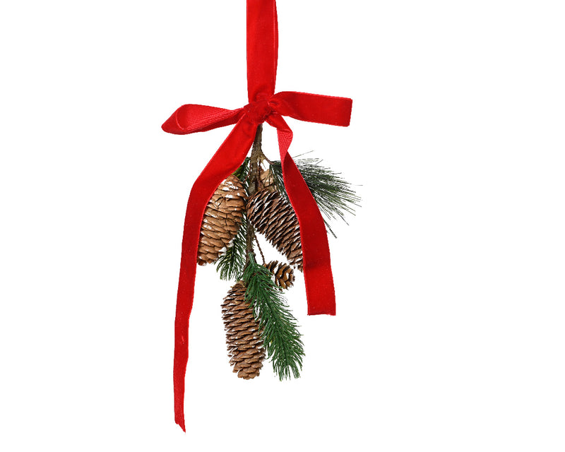 Christmas Hanging Decoration Pine cones and Pine Needles on Red Ribbon (26cm)