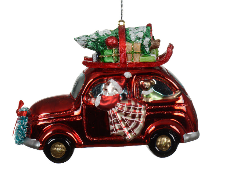 Christmas Hanging Decoration Santa Driving Car With Tree on Top (12.4cm x 9.5cm)