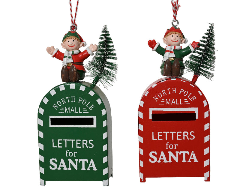 Christmas Hanging Decoration Santa Mailbox 'Letters For Santa' with Red or Green Elf (6.5cm x 14.5cm) Sold individually